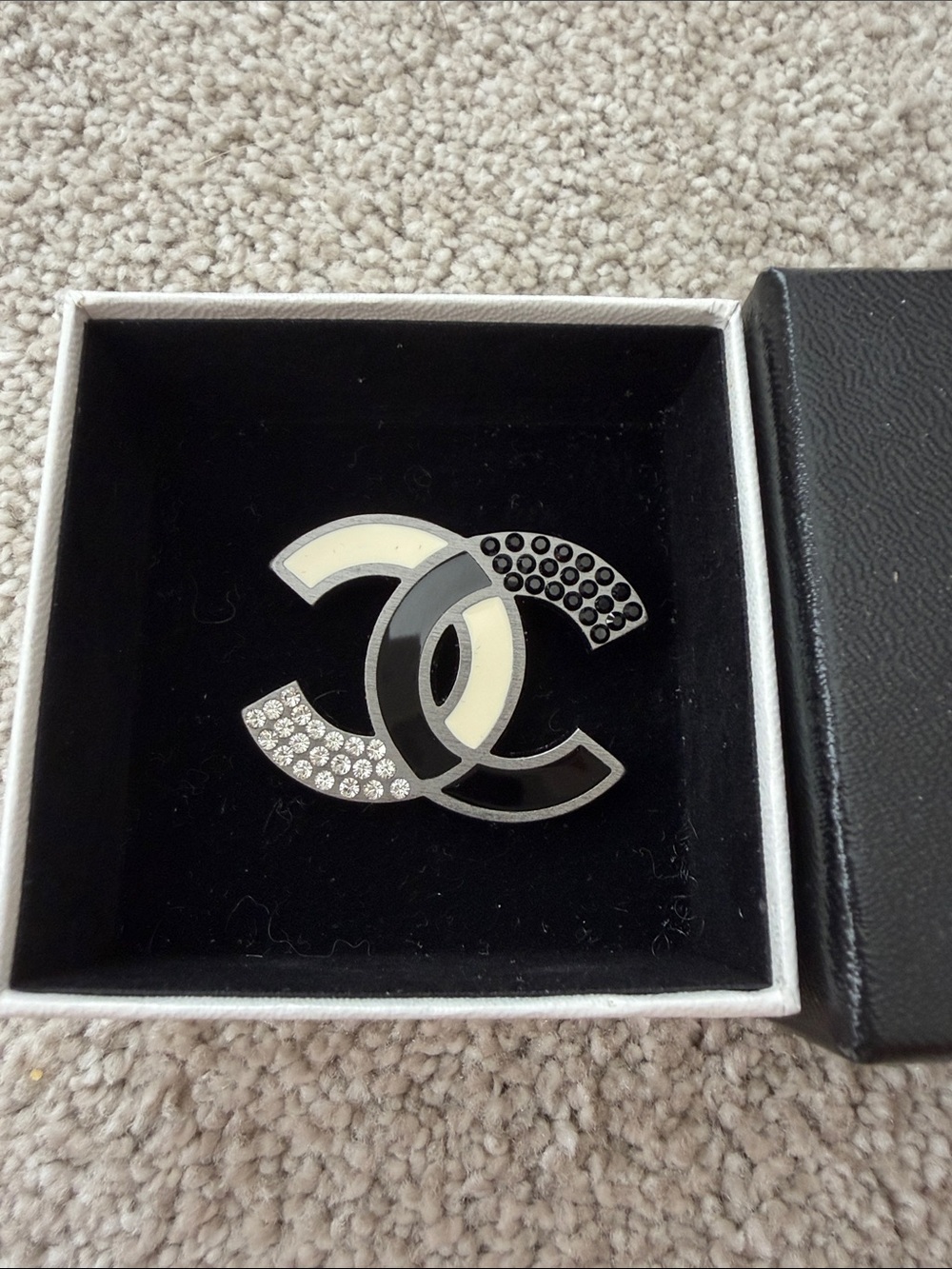 CHANEL Black, White & Crystal Interlocking CC Brooch
